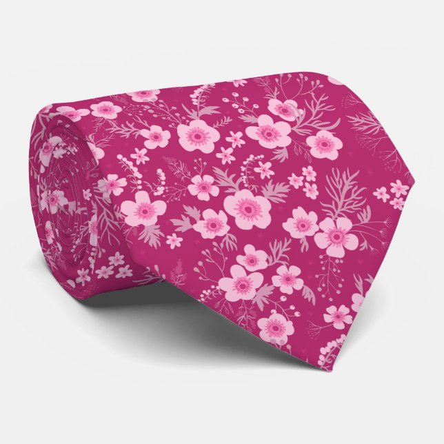 Cute small pink floral with Magenta background Neck Tie (Rolled)