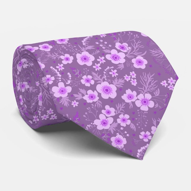 Cute small purple floral summer pattern neck tie (Rolled)