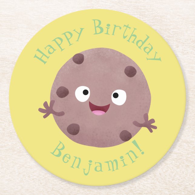 Cute smart chocolate chip cookie cartoon round paper coaster (Front)