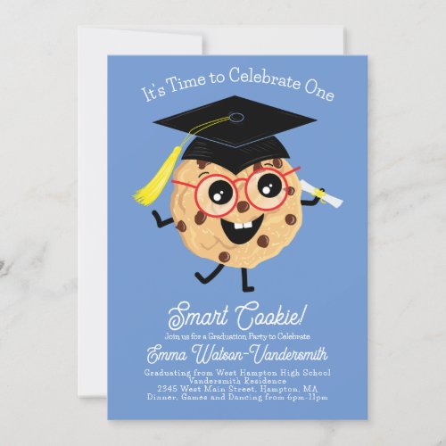 Cute Smart Cookie Graduation Party Cartoon Blue Invitation