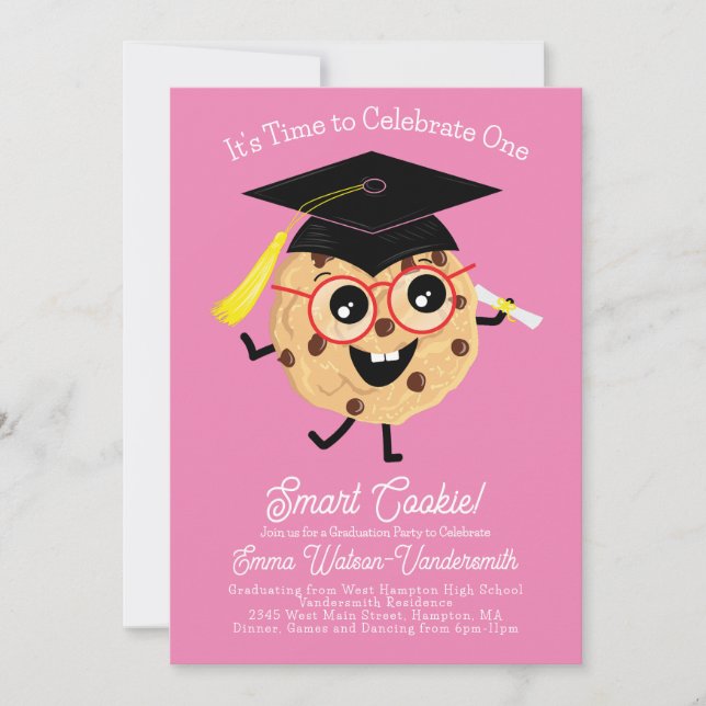 Cute Smart Cookie Graduation Party Cartoon Pink Invitation (Front)