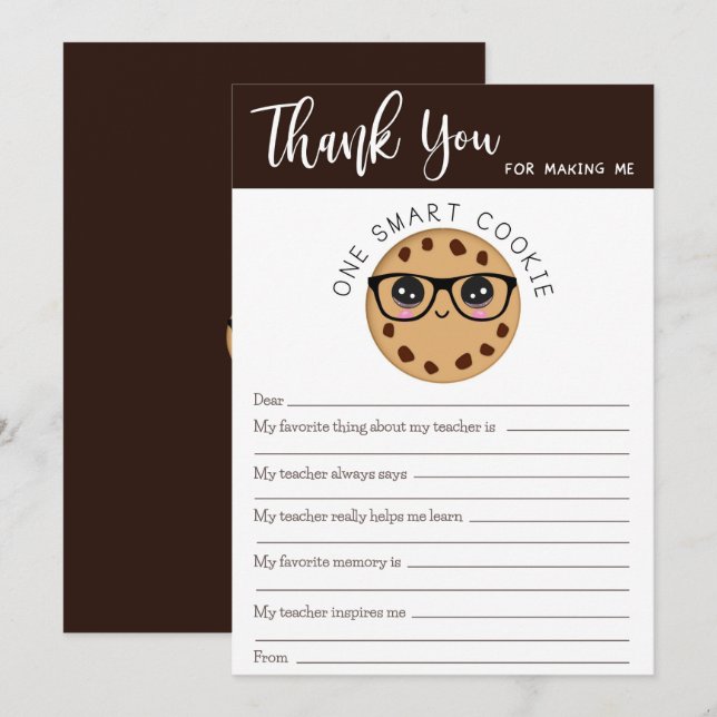 Cute Smart Cookie Teacher Thank You Letter Card (Front/Back)