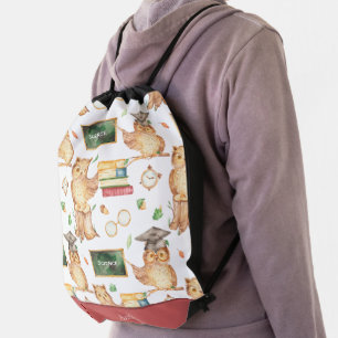 Cute Smart Owl with Chalkboard Kids Name Drawstring Bag