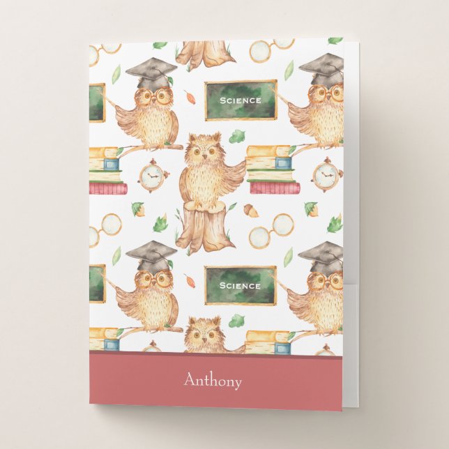 Cute Smart Owl with Chalkboard Kids Name Pocket Folder (Front)