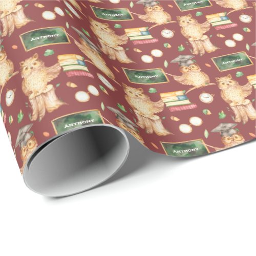 Cute Smart Owl with Chalkboard Kids Name Wrapping Paper