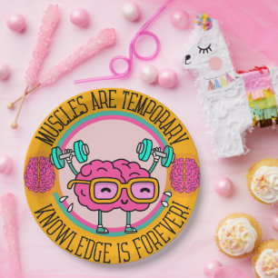 Cute Smart Pink Brain Knowledge Is Forever  Paper Plates