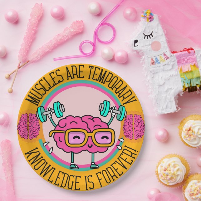 Cute Smart Pink Brain Knowledge Is Forever  Paper Plates (Party)