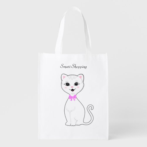 Cute Smart White Cat Cartoon Grocery Bag