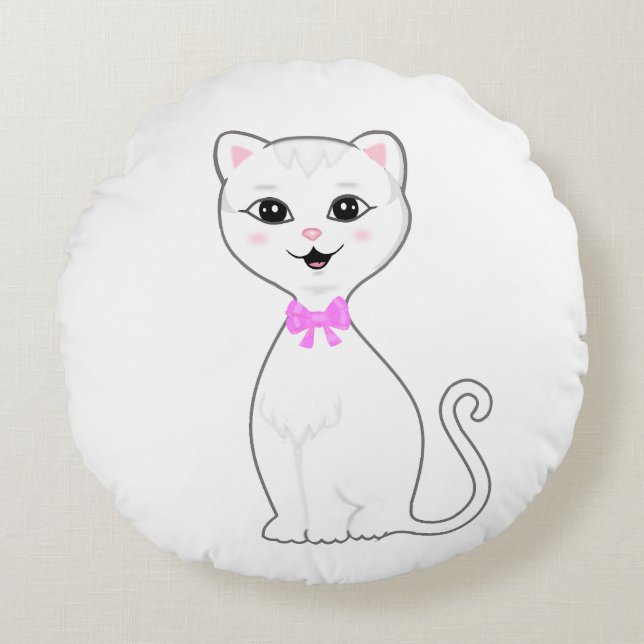 Cute Smart White Cat Cartoon Round Pillow (Front)