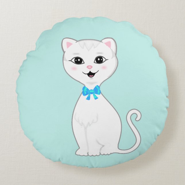 Cute Smart White Cat Cartoon Round Pillow (Front)
