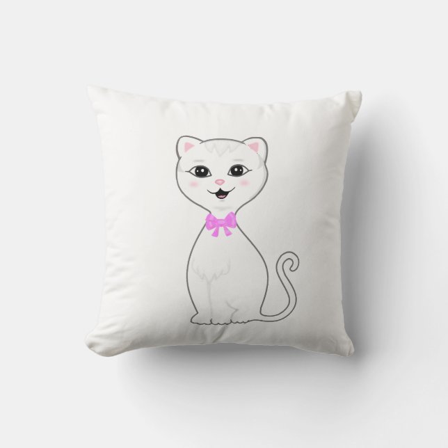 Cute Smart White Cat Cartoon Throw Pillow (Front)