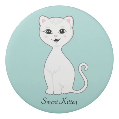 Cute Smart White Kitten Cartoon on Light Blue Eraser