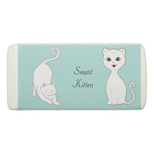 Cute Smart White Kitten Cartoon on Light Blue Eraser