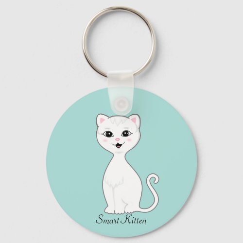 Cute Smart White Kitten Cartoon on Light Blue Keychain