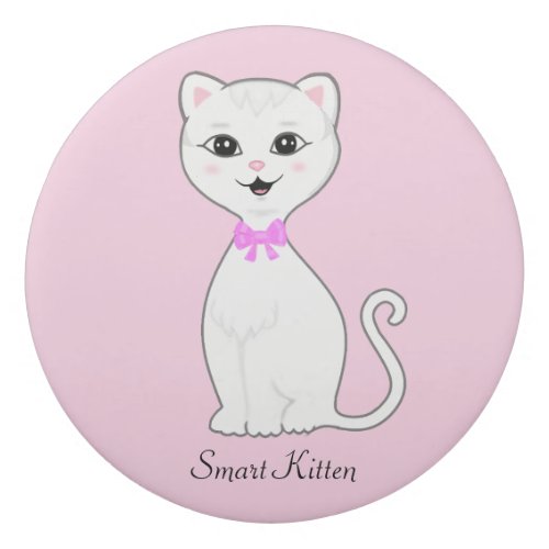 Cute Smart White Kitten Cartoon on Light Pink Eraser