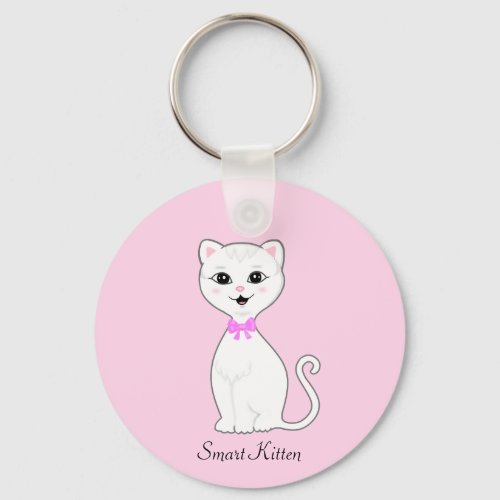 Cute Smart White Kitten Cartoon on Light Pink Keychain