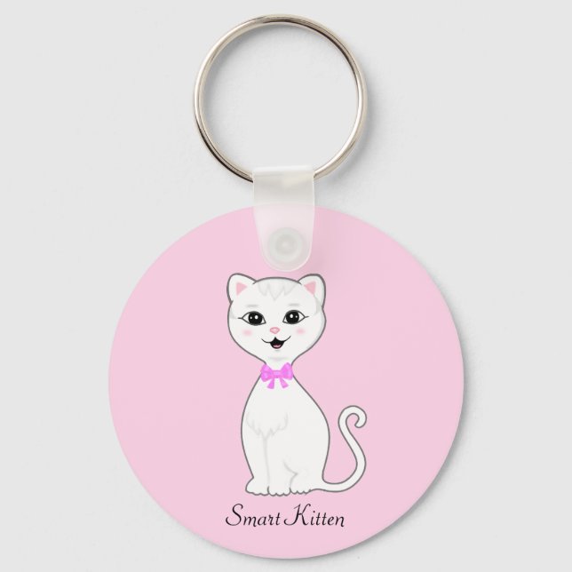 Cute Smart White Kitten Cartoon on Light Pink Keychain (Front)