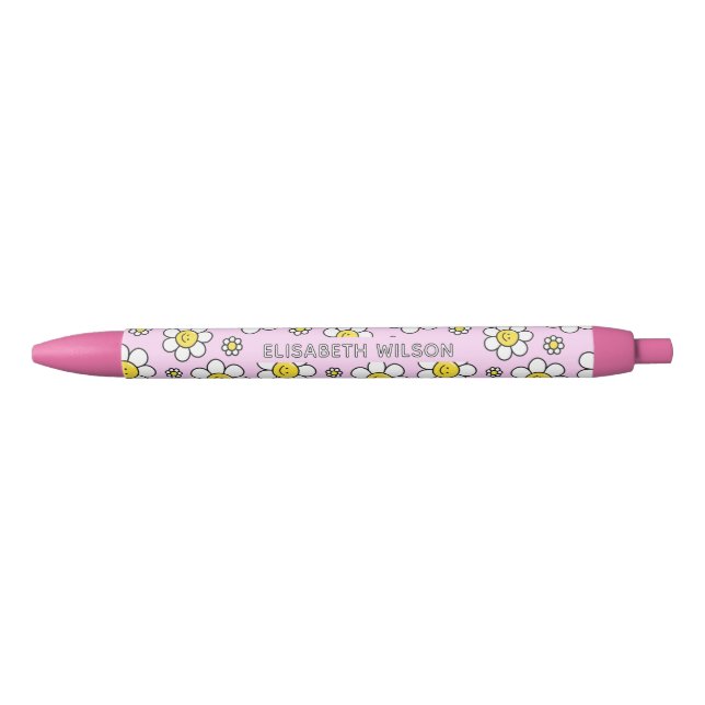 Cute Smiley Chamomile Flower Script Name Monogram Pen (Front)