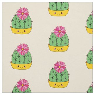 Cute Smiley Face Cactus Flower Cartoon Fabric