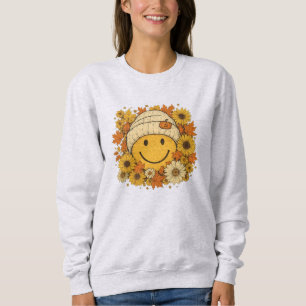 Cute Smiley Face in Cozy Beanie Surrounded by Sun Sweatshirt