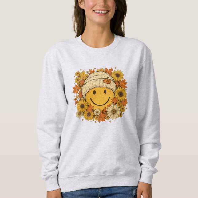 Cute Smiley Face in Cozy Beanie Surrounded by Sun Sweatshirt (Front)