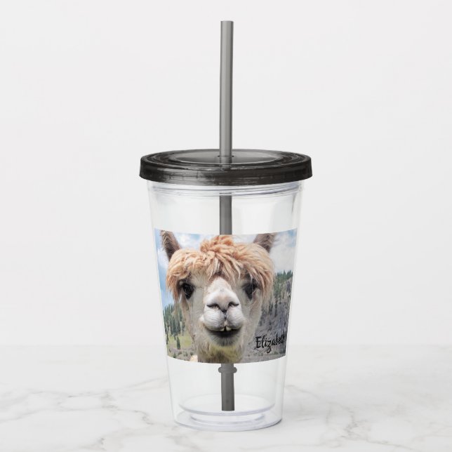 Cute Smiling Alpaca Photo Image Acrylic Tumbler (Front)