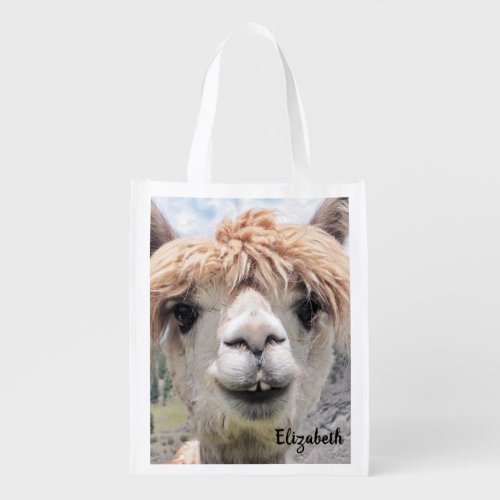 Cute Smiling Alpaca Photo Image Grocery Bag