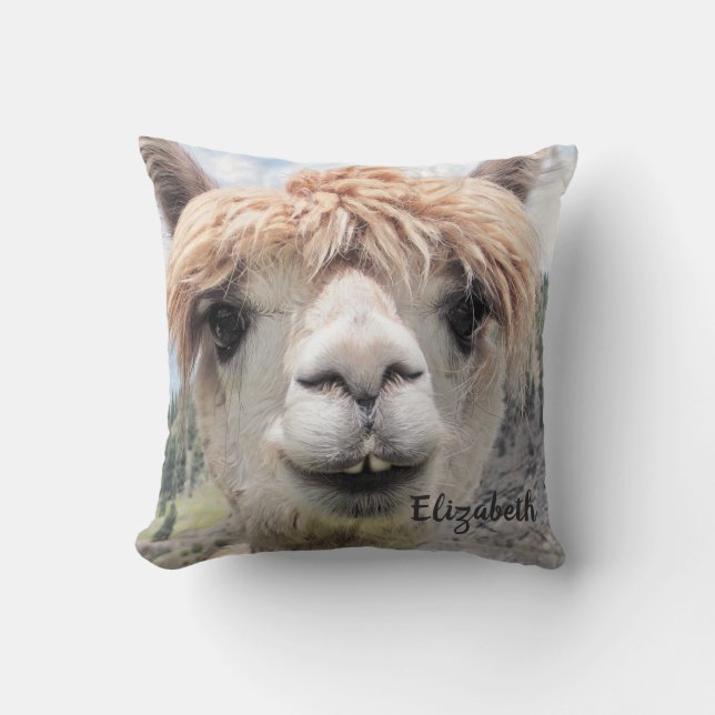Cute Smiling Alpaca Photo Image Throw Pillow (Front)