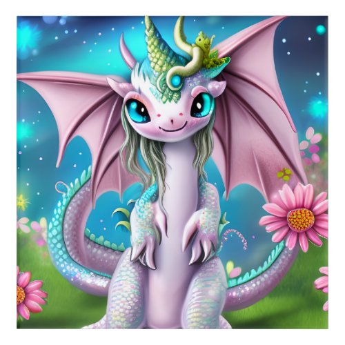 Cute Smiling Baby Dragon with Flowers  Acrylic Print