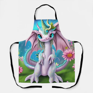 Cute Smiling Baby Dragon with Flowers  Apron