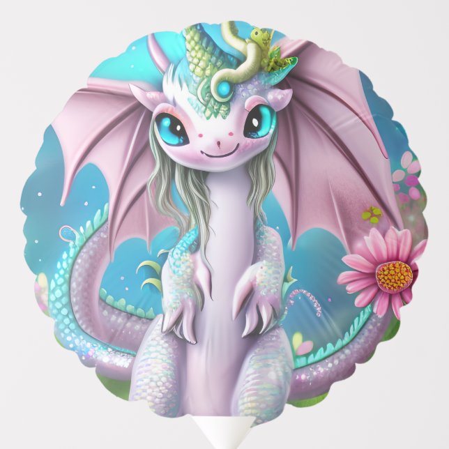 Cute Smiling Baby Dragon with Flowers Balloon (Front)