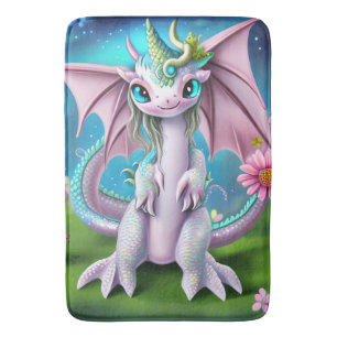 Cute Smiling Baby Dragon with Flowers  Bath Mat