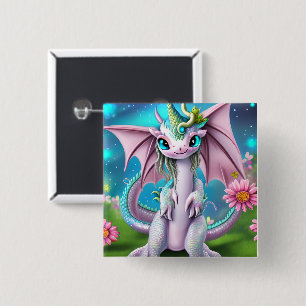 Cute Smiling Baby Dragon with Flowers Button