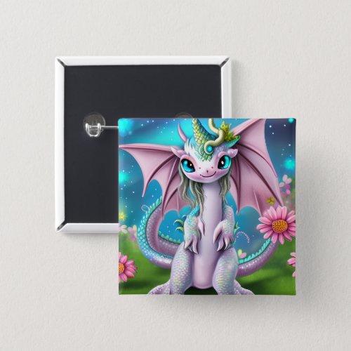 Cute Smiling Baby Dragon with Flowers  Button