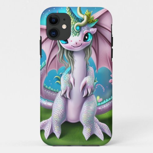 Cute Smiling Baby Dragon with Flowers  iPhone 11 Case