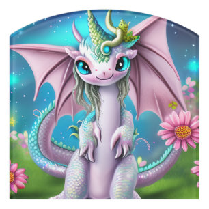 Cute Smiling Baby Dragon with Flowers  Door Sign