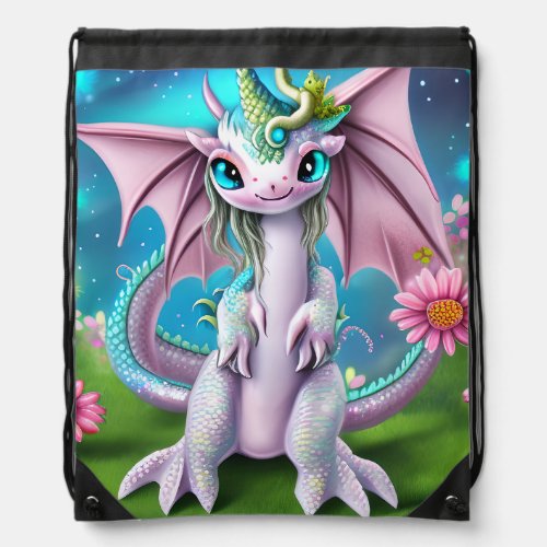 Cute Smiling Baby Dragon with Flowers  Drawstring Bag