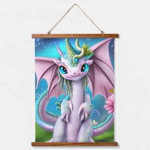 Cute Smiling Baby Dragon with Flowers Hanging Tapestry