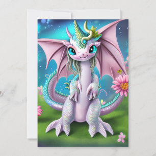 Cute Smiling Baby Dragon with Flowers Holiday Card