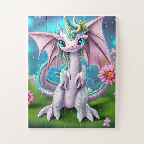 Cute Smiling Baby Dragon with Flowers Jigsaw Puzzle