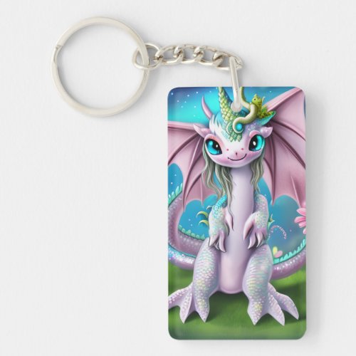 Cute Smiling Baby Dragon with Flowers Keychain