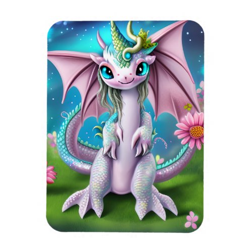 Cute Smiling Baby Dragon with Flowers Magnet