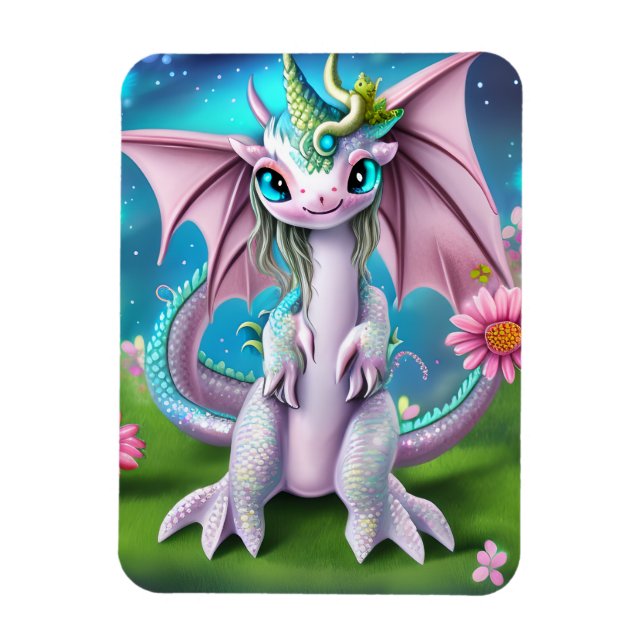 Cute Smiling Baby Dragon with Flowers Magnet (Vertical)