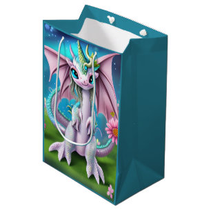 Cute Smiling Baby Dragon with Flowers Medium Gift Bag