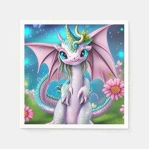 Cute Smiling Baby Dragon with Flowers  Napkins