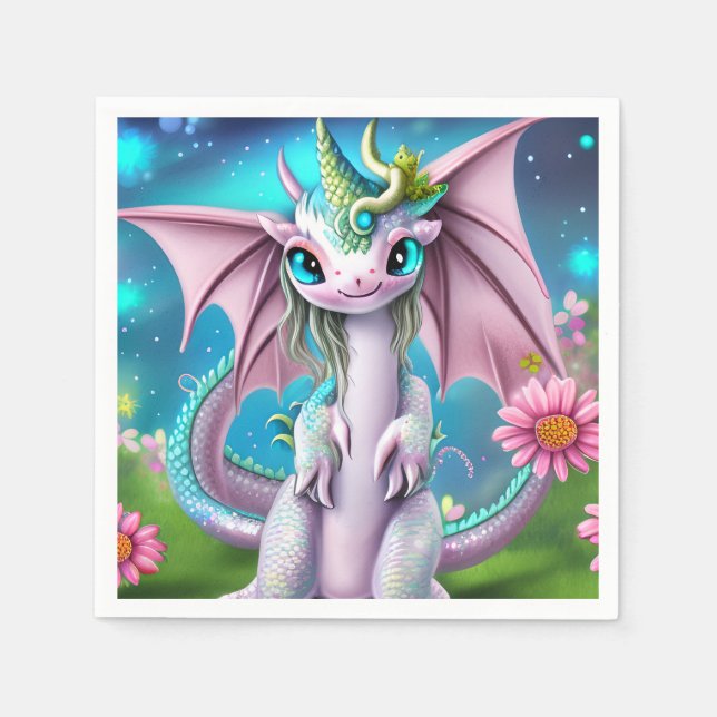 Cute Smiling Baby Dragon with Flowers  Napkins (Front)