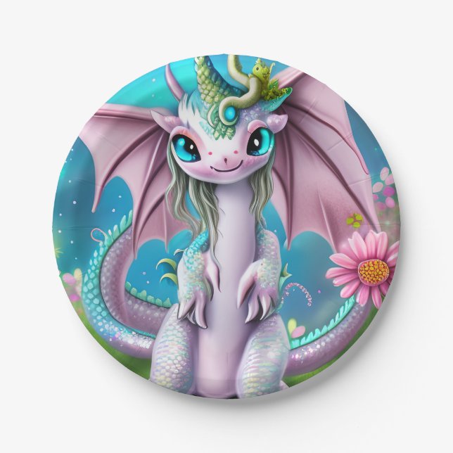 Cute Smiling Baby Dragon with Flowers  Paper Plates (Front)