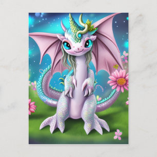 Cute Smiling Baby Dragon with Flowers Postcard