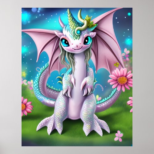 Cute Smiling Baby Dragon with Flowers Poster