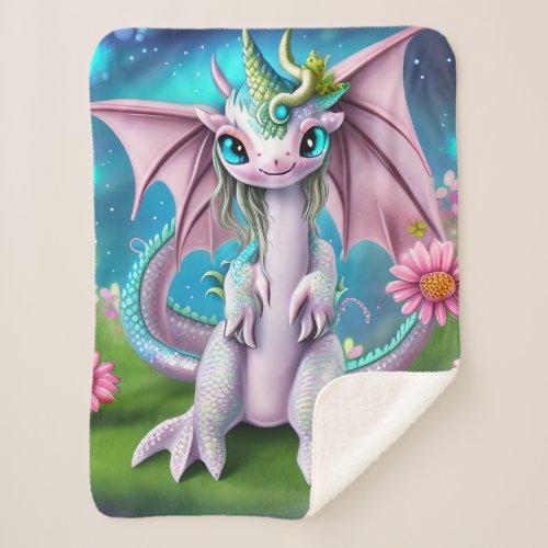 Cute Smiling Baby Dragon with Flowers  Sherpa Blanket